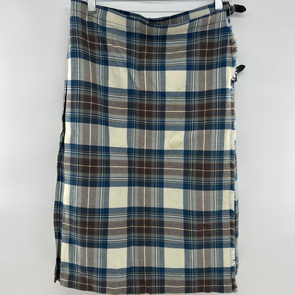 Moffat Weavers Scotland Pure New Wool Kilt Size 18 Blue and brown Plaid Buckles